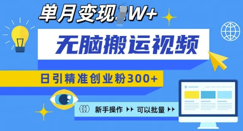 无脑搬运视频号可批量复制，新手即可操作，日引精准创业粉300+，月变现过W 【揭秘】-网赚邦---一站式项目拆解教学