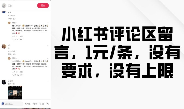 小红书评论区留言，1元条，没有要求，没有上限-网赚邦---一站式项目拆解教学