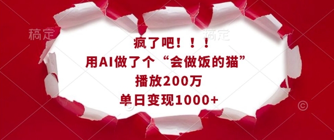 疯了吧！用AI做了个“会做饭的猫”，播放200万，单日变现1k-网赚邦---一站式项目拆解教学